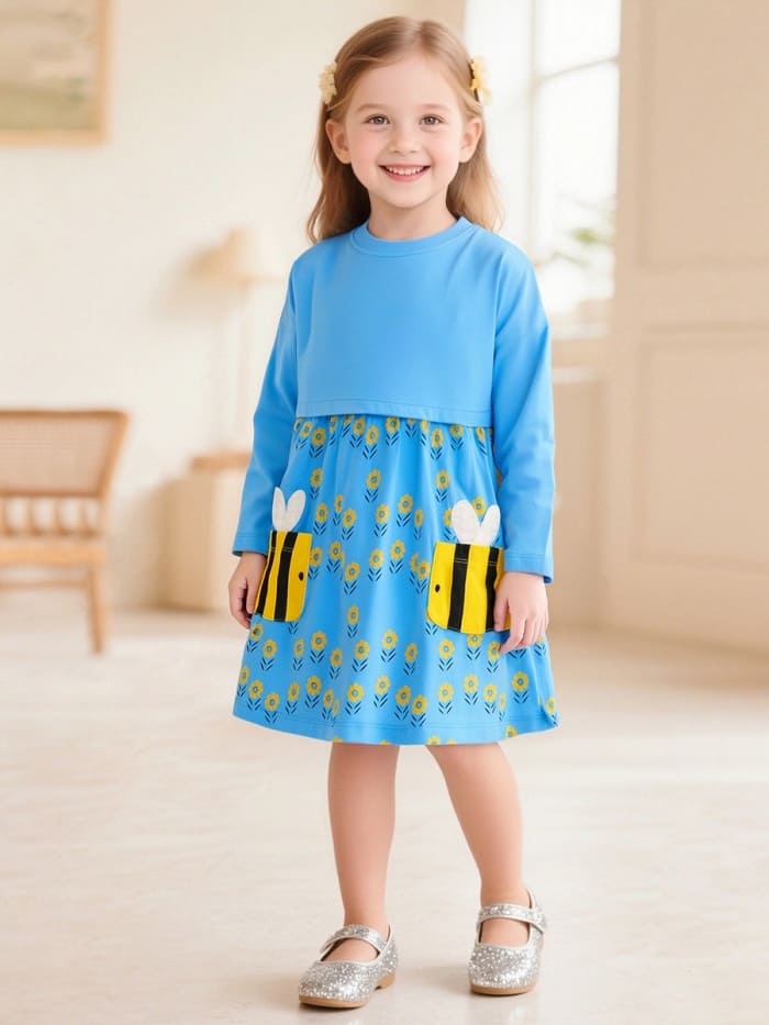 Toddler & Kid Girls Cute Bee & Flower Pattern Cotton Long Sleeve Dress