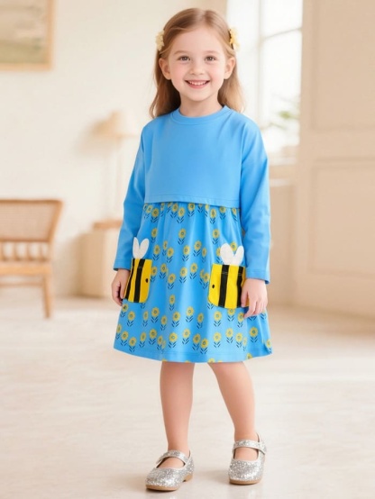 Toddler & Kid Girls Cute Bee & Flower Pattern Cotton Long Sleeve Dress