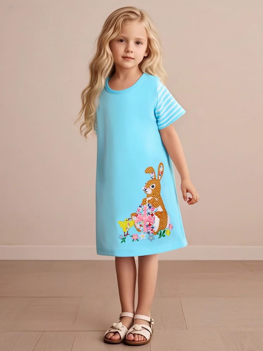 Little Maven Girls Bunny Embroidered Cotton Short Sleeve Dress