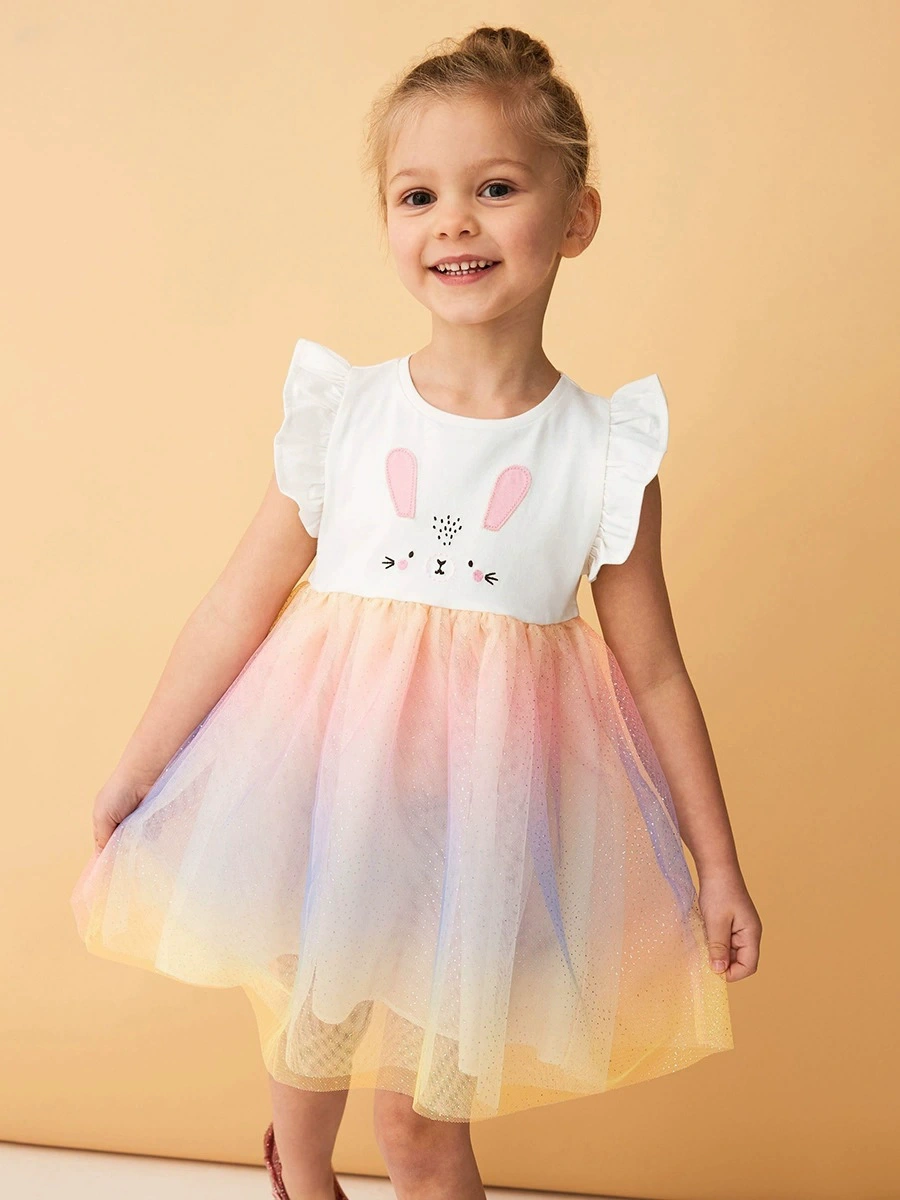 Kid Girls Cute Bunny Embroidery Cotton Gradient Mesh Dress