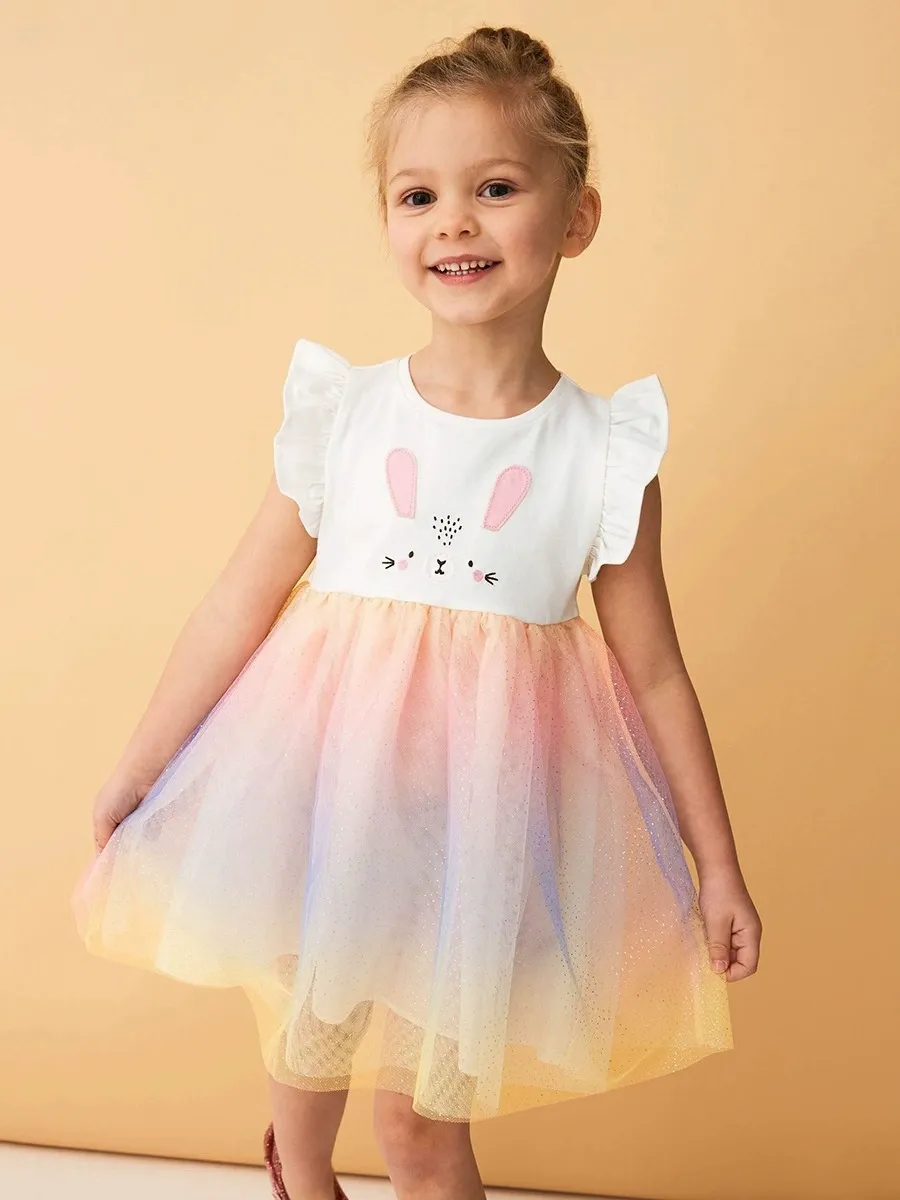 Kid Girls Cute Bunny Embroidery Cotton Gradient Mesh Dress