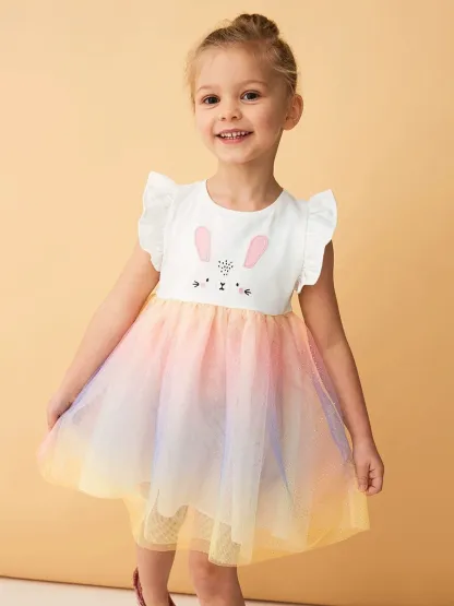 Kid Girls Cute Bunny Embroidery Cotton Gradient Mesh Dress