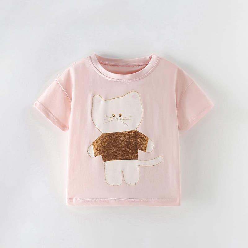 Kid Girls Cute Cat Pattern Cotton Short Sleeve Tee
