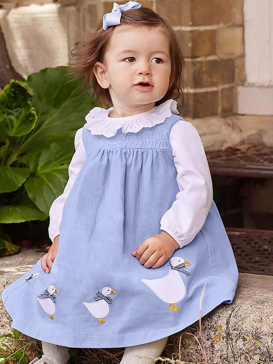 Kid Girls Cute Duck Embroidered Cotton Long Sleeve Dress