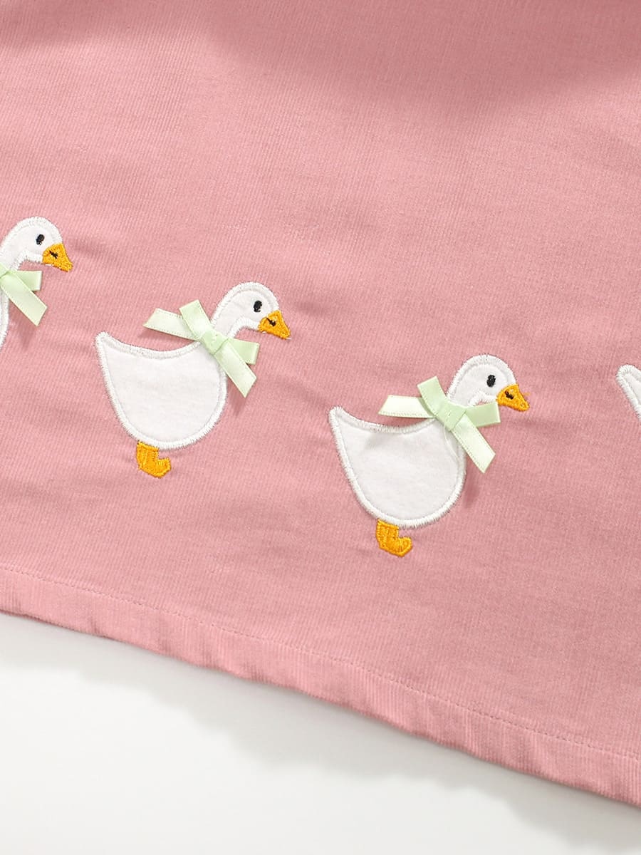 Kid Girls Cute Duck Embroidered Cotton Long Sleeve Dress