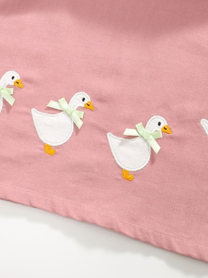 Kid Girls Cute Duck Embroidered Cotton Long Sleeve Dress