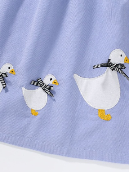 Kid Girls Cute Duck Embroidered Cotton Long Sleeve Dress