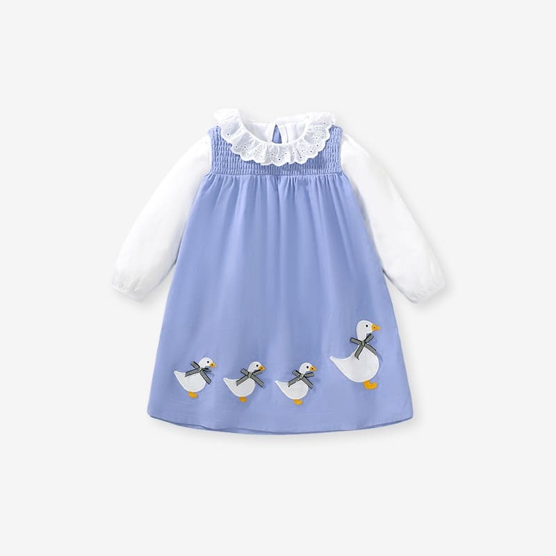Kid Girls Cute Duck Embroidered Cotton Long Sleeve Dress