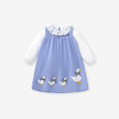 Kid Girls Cute Duck Embroidered Cotton Long Sleeve Dress