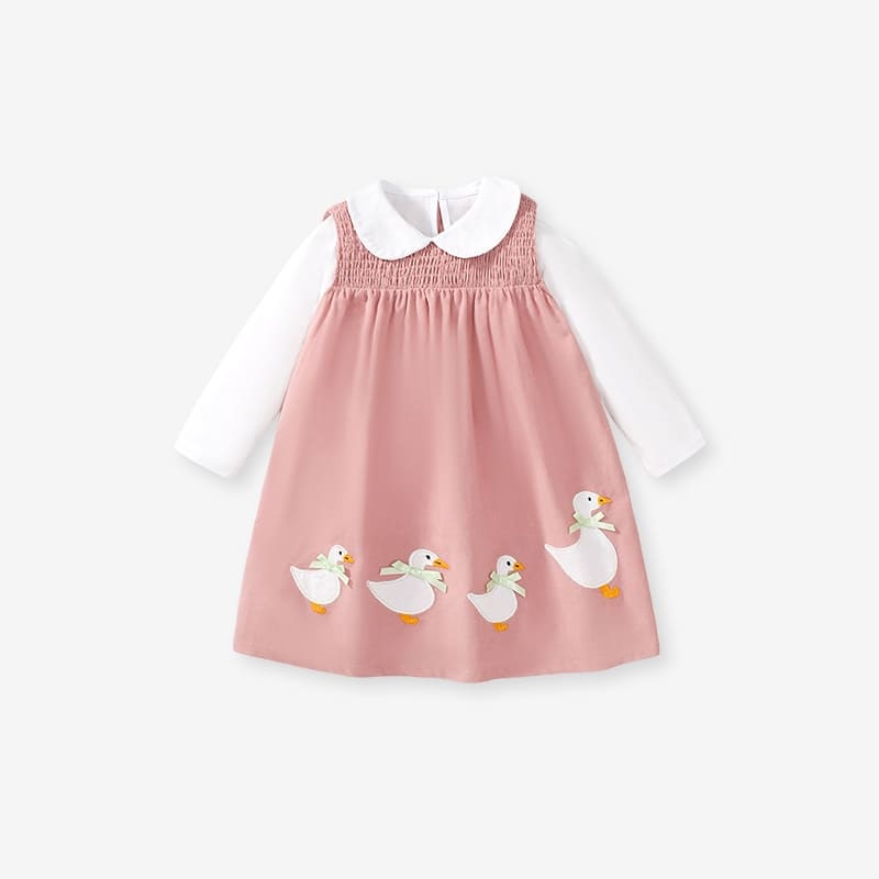 Kid Girls Cute Duck Embroidered Cotton Long Sleeve Dress