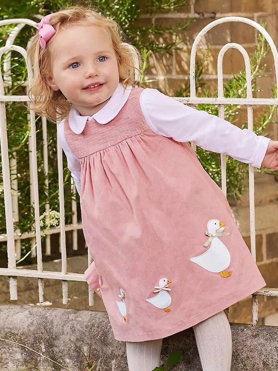 Kid Girls Cute Duck Embroidered Cotton Long Sleeve Dress