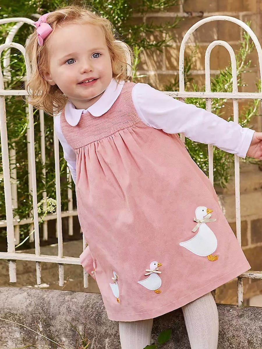 Kid Girls Cute Duck Embroidered Cotton Long Sleeve Dress