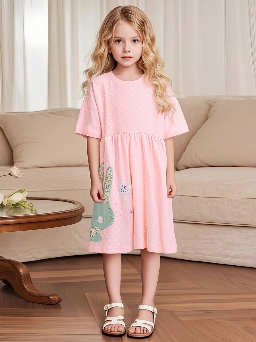 Kid Girls Cute Rabbit Embroidery Polka Dot Cotton Short Sleeve Dress