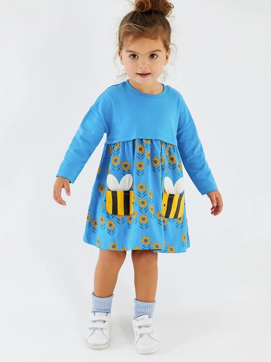 Kid Girls Floral Print Cotton Long Sleeve Dress with Bee Pockets