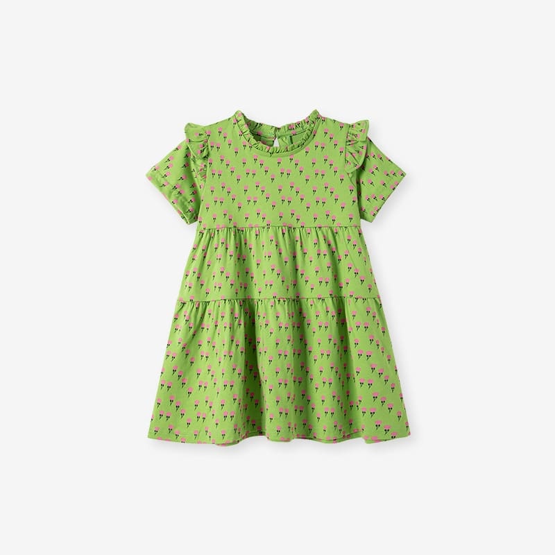 Kid Girls Floral Print Cotton Short Sleeve Dress – Playful & Comfortable