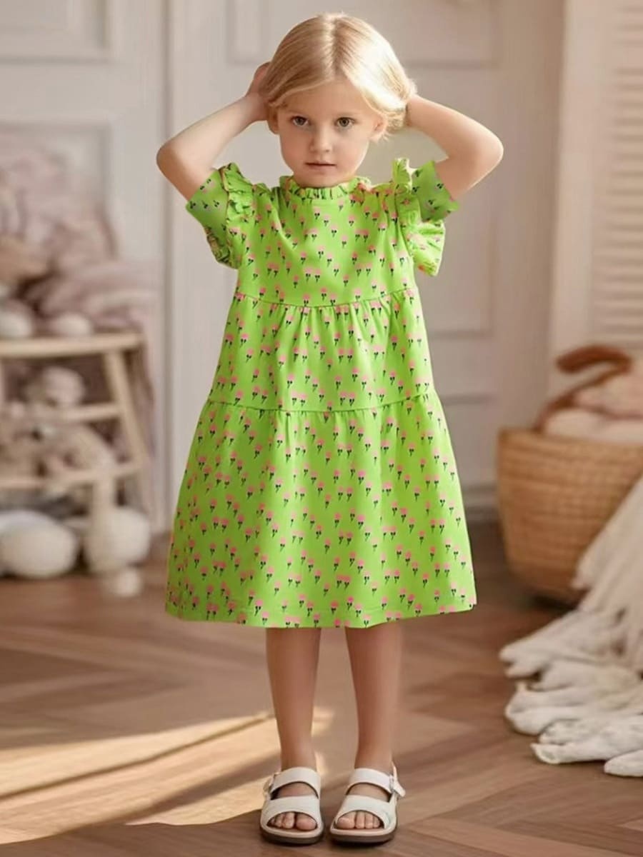 Little Maven Kid Girls Floral Print Cotton Short Sleeve Dress – Playful & Comfortable