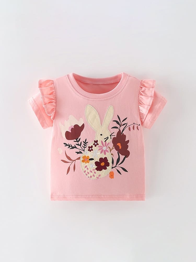 Kid Girls Floral Print and Cute Rabbit Embroidery Cotton Tee