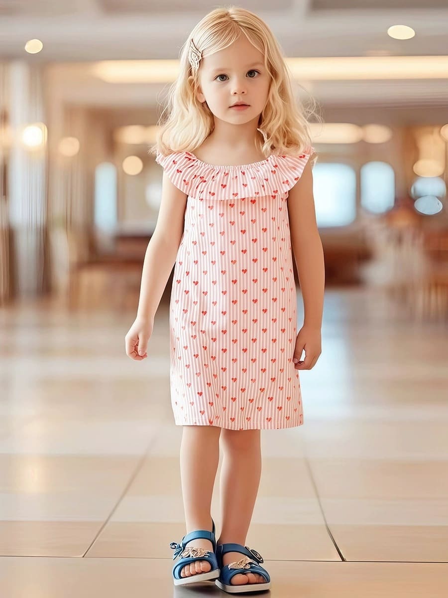 Adorable Girls Heart & Stripes Cotton Dress - Machine Washable
