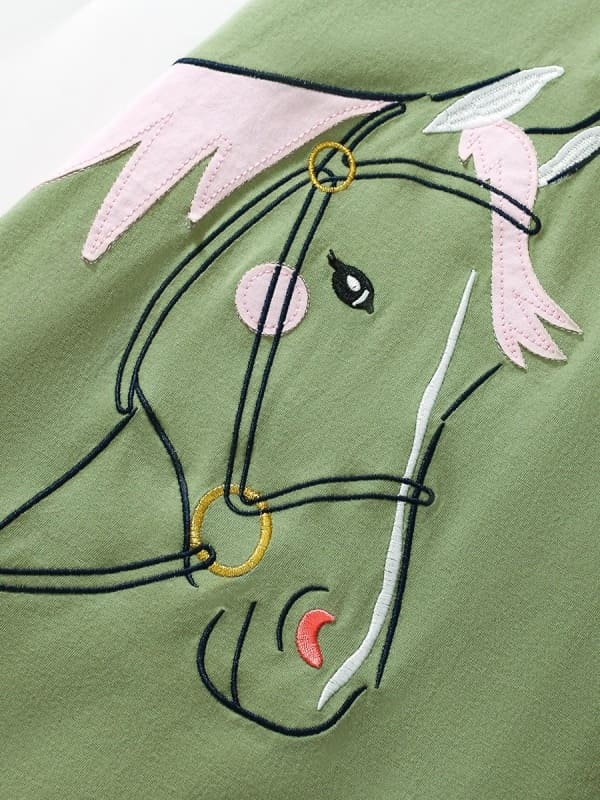 Kid Girls Horse Embroidered Cotton Short Sleeve Dress