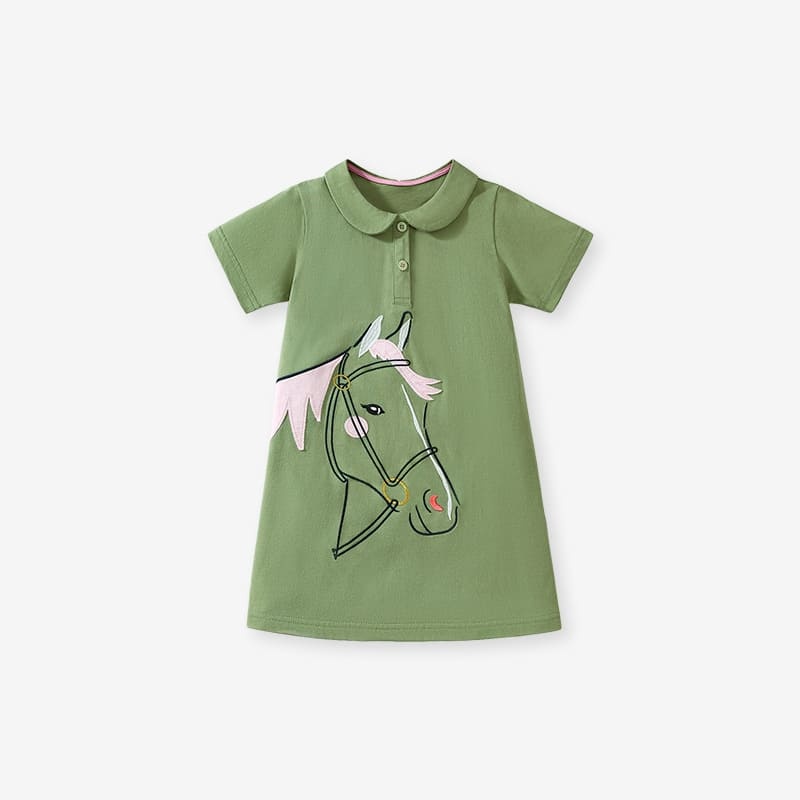 Kid Girls Horse Embroidered Cotton Short Sleeve Dress