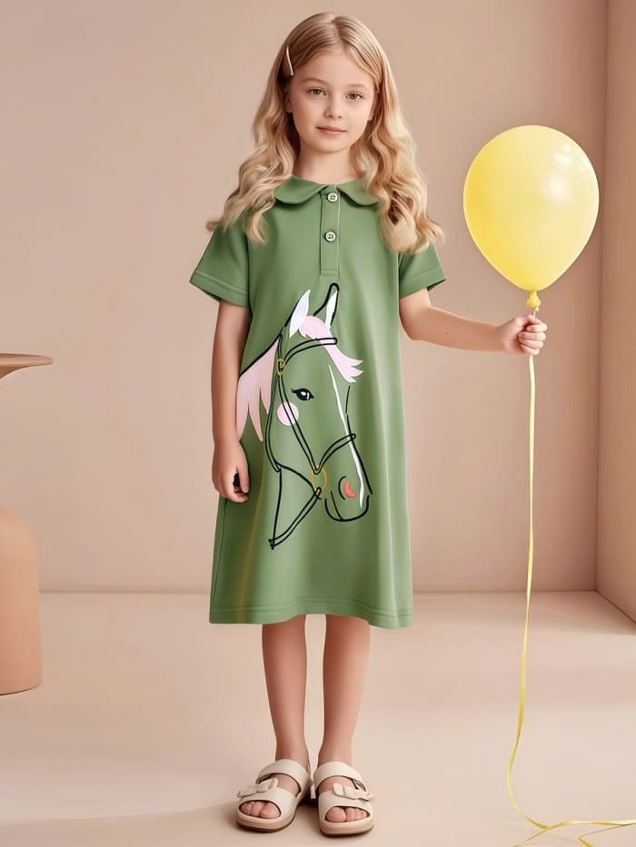 Kid Girls Horse Embroidered Cotton Short Sleeve Dress