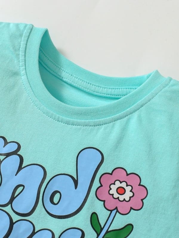 Kid Girls Lettering Printed Cotton Tee and Elastic Waist Shorts Set