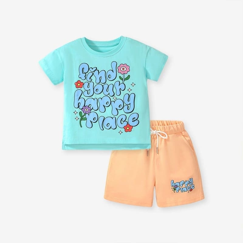 Kid Girls Lettering Printed Cotton Tee and Elastic Waist Shorts Set