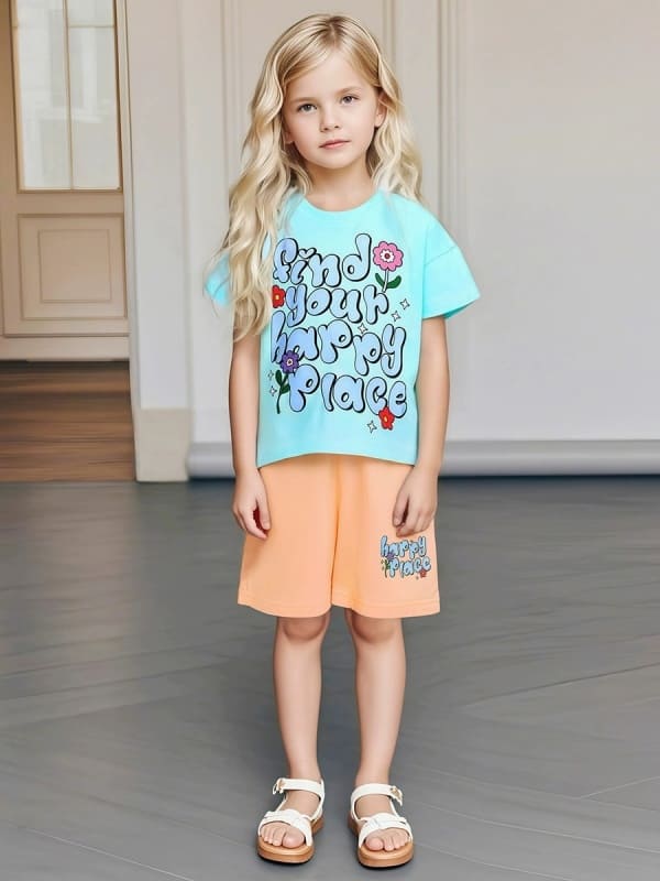 Kid Girls Lettering Printed Cotton Tee and Elastic Waist Shorts Set