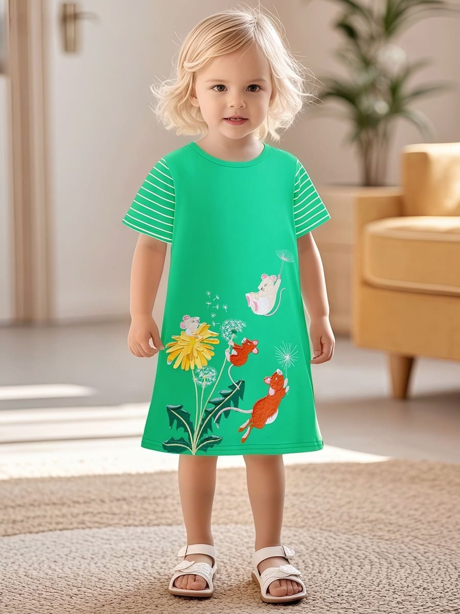 Kid Girls Mouse Applique Embroidery Cotton Striped Short Sleeve Dress