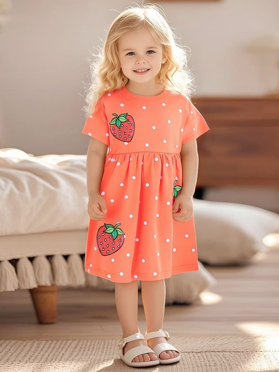 Little Maven Kid Girls Orange Strawberry Polka Dot Cotton Dress