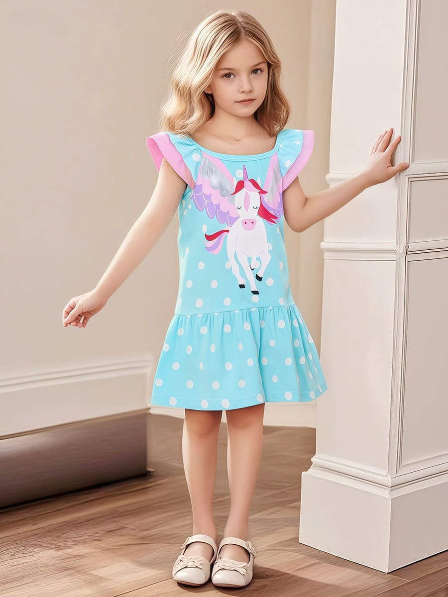Little Maven Kid Girls Cotton Fly Sleeve Dress with Unicorn Print