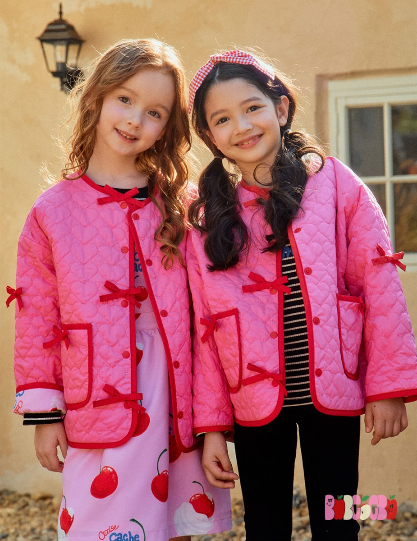 Kid Girls Pink Cherry Pattern Reversible Jacket