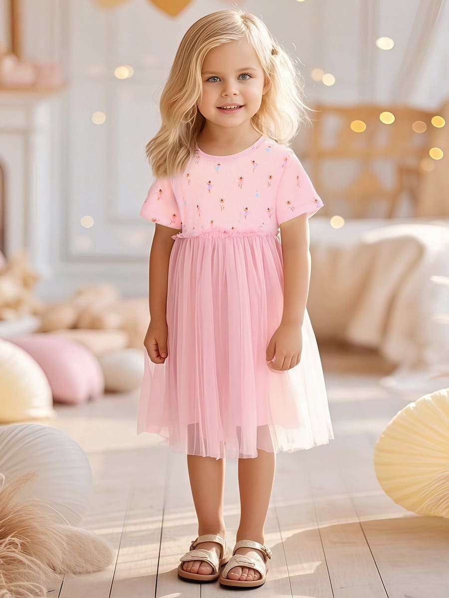 Little Maven Girls Pink Soft Cotton Mesh Dress with Character Print