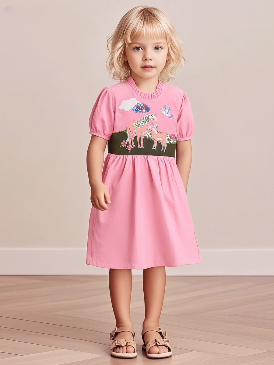 Little Maven Kid Girls Pink Cotton Dress with Cartoon Animal Embroidery