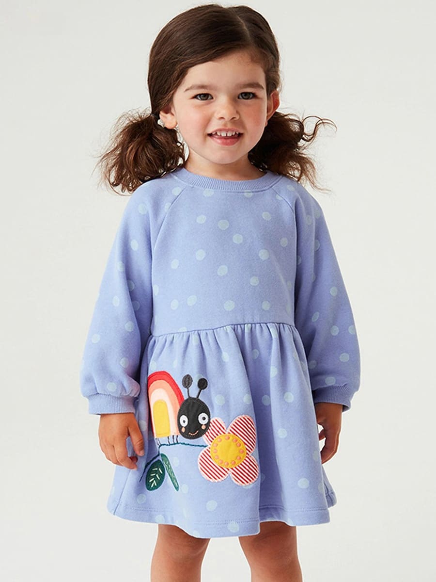 Kid Girls Polka Dot Cotton Long Sleeve Dress with Animal Embroidery