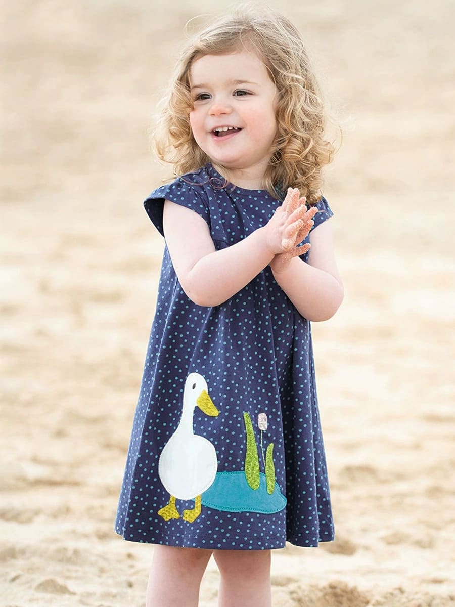 Kid Girls Polka Dot Print Cotton Dress with Cute Duckling Applique