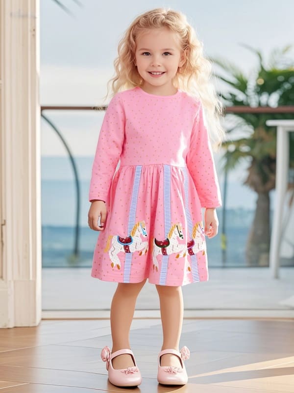 Kid Girls Polka Dot Cotton Dress with Adorable Pony Embroidery