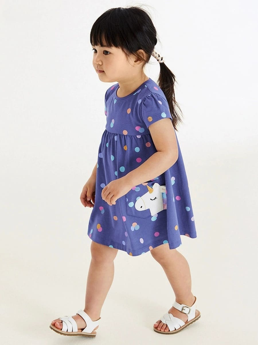 Kid Girls Polka Dot Print Cotton Dress with Unicorn Embroidery