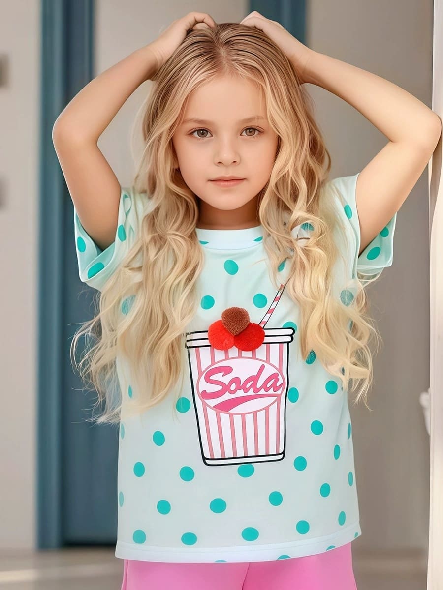 Kid Girls Polka Dot Printed Cotton Short Sleeve Tee