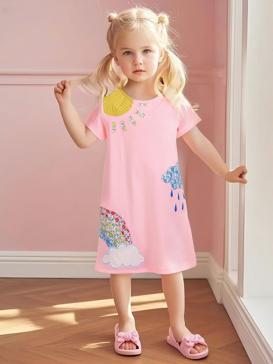 Little Maven Rainbow Cloud Embroidered Cotton Dress For Kid Girls
