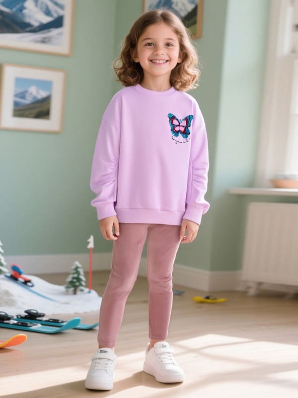 Kid Girls Sequin Butterfly Embroidered Cotton Sweatshirt & Leggings Set