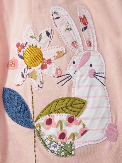 Kid Girls Summer Cotton Dress with Flowers and Bunny Embroidery 