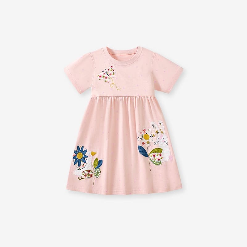 Kid Girls Summer Cotton Dress with Flowers and Bunny Embroidery