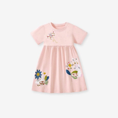 Kid Girls Summer Cotton Dress with Flowers and Bunny Embroidery 