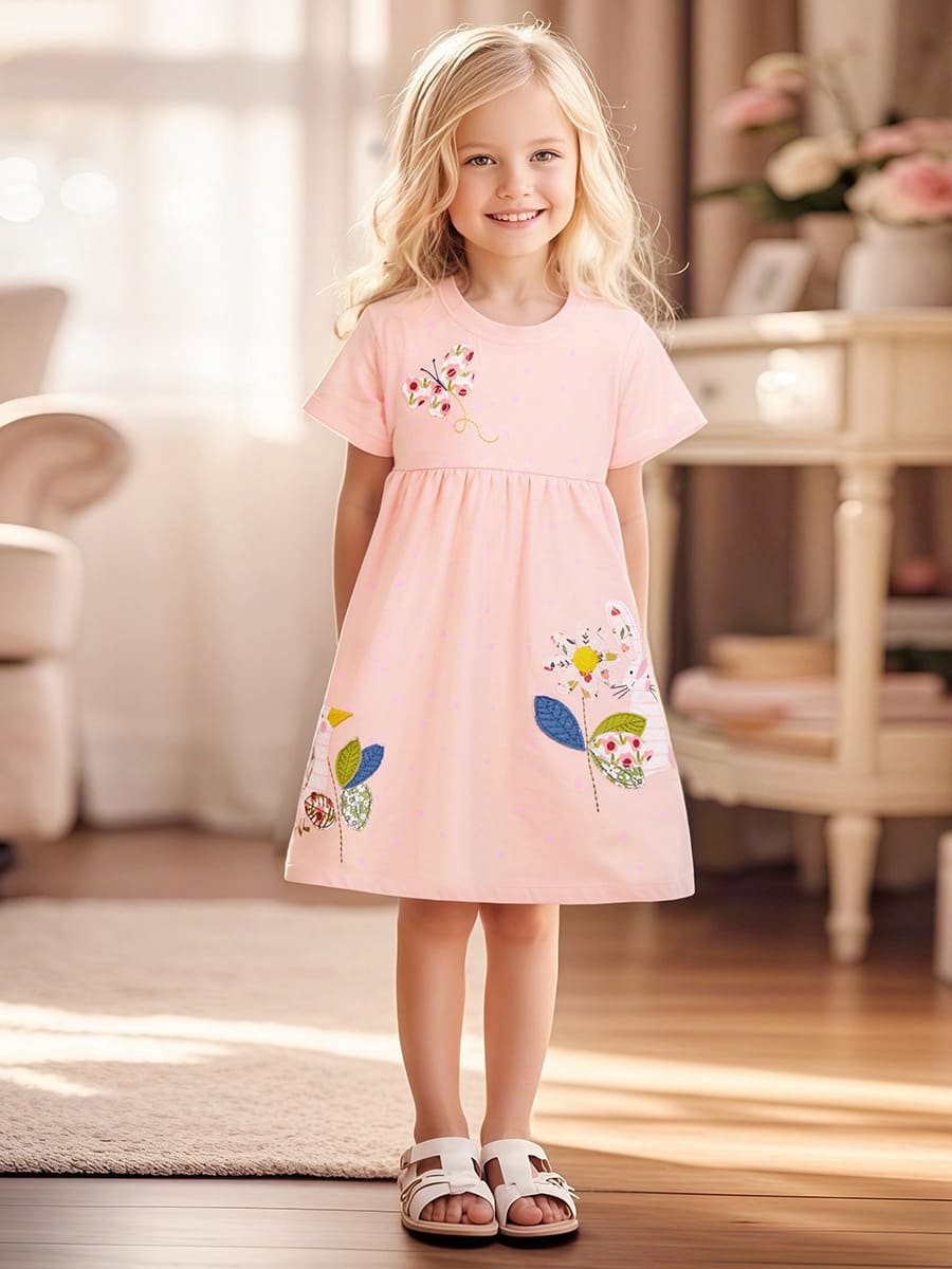 Kid Girls Summer Cotton Dress with Flowers and Bunny Embroidery 