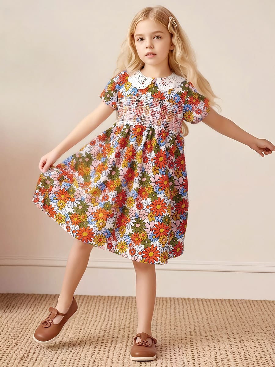 Little Maven Kid Girls Summer Cotton Floral Puff Sleeve Dress
