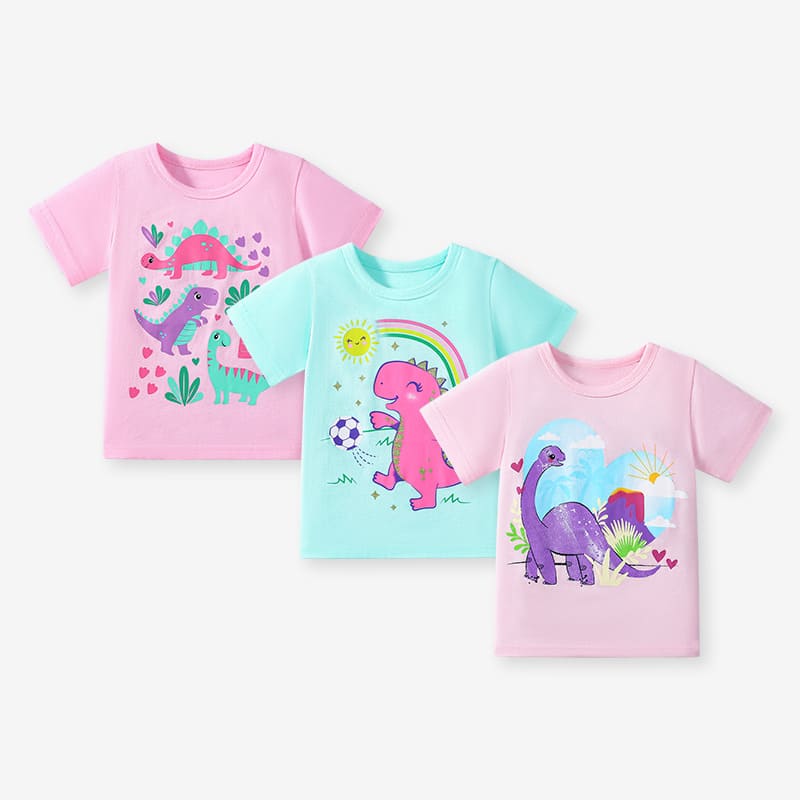 3pcs Kid Girls Summer Cotton Short Sleeve Tee with Dinosaur Print