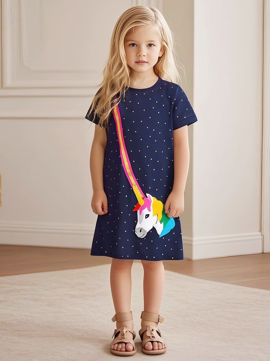 Kid Girls Unicorn Embroidered Polka Dot Cotton Short Sleeve Dress