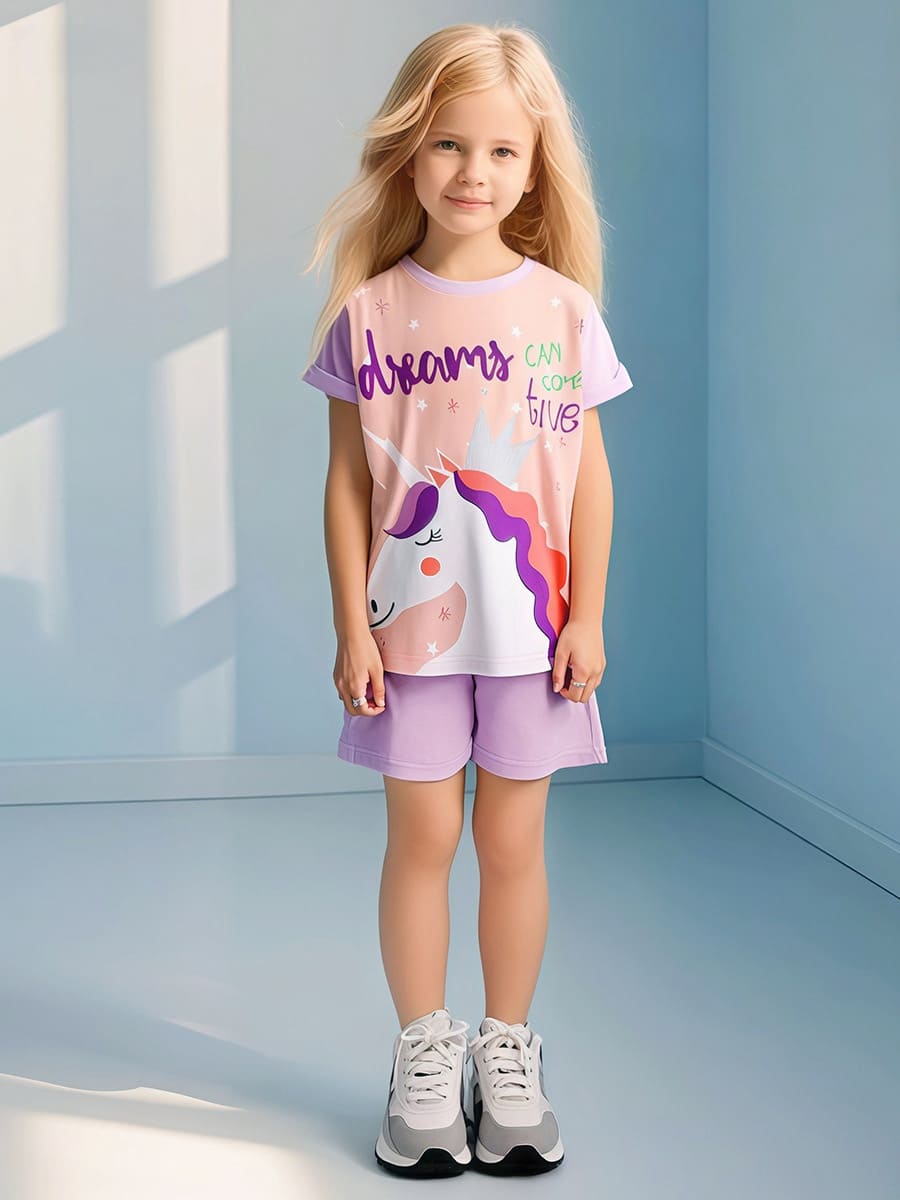 Little Maven Kid Girls Unicorn Lettering Print Short-Sleeve Tee and Shorts Set