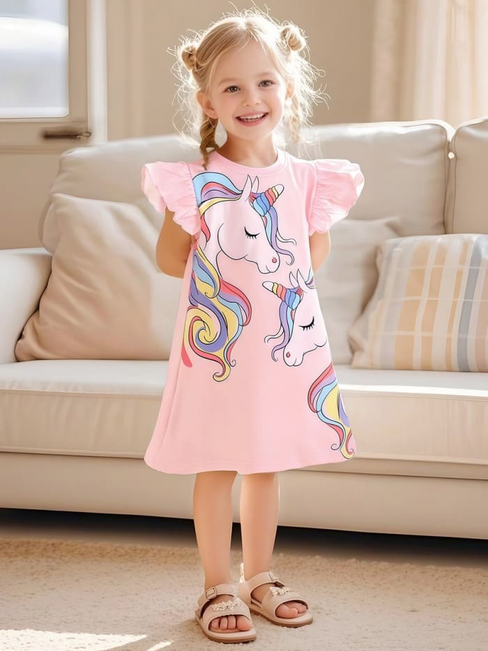 Toddler/Kid Girls Unicorn Print Cotton Fly Sleeve Dress